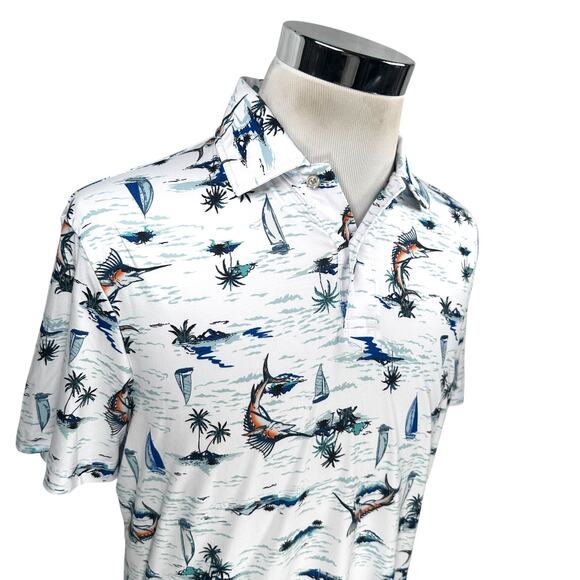 Chaps Polo Shirt Men’s Medium White Marlin Fish AOP Everyday Performance New - Picture 2 of 11